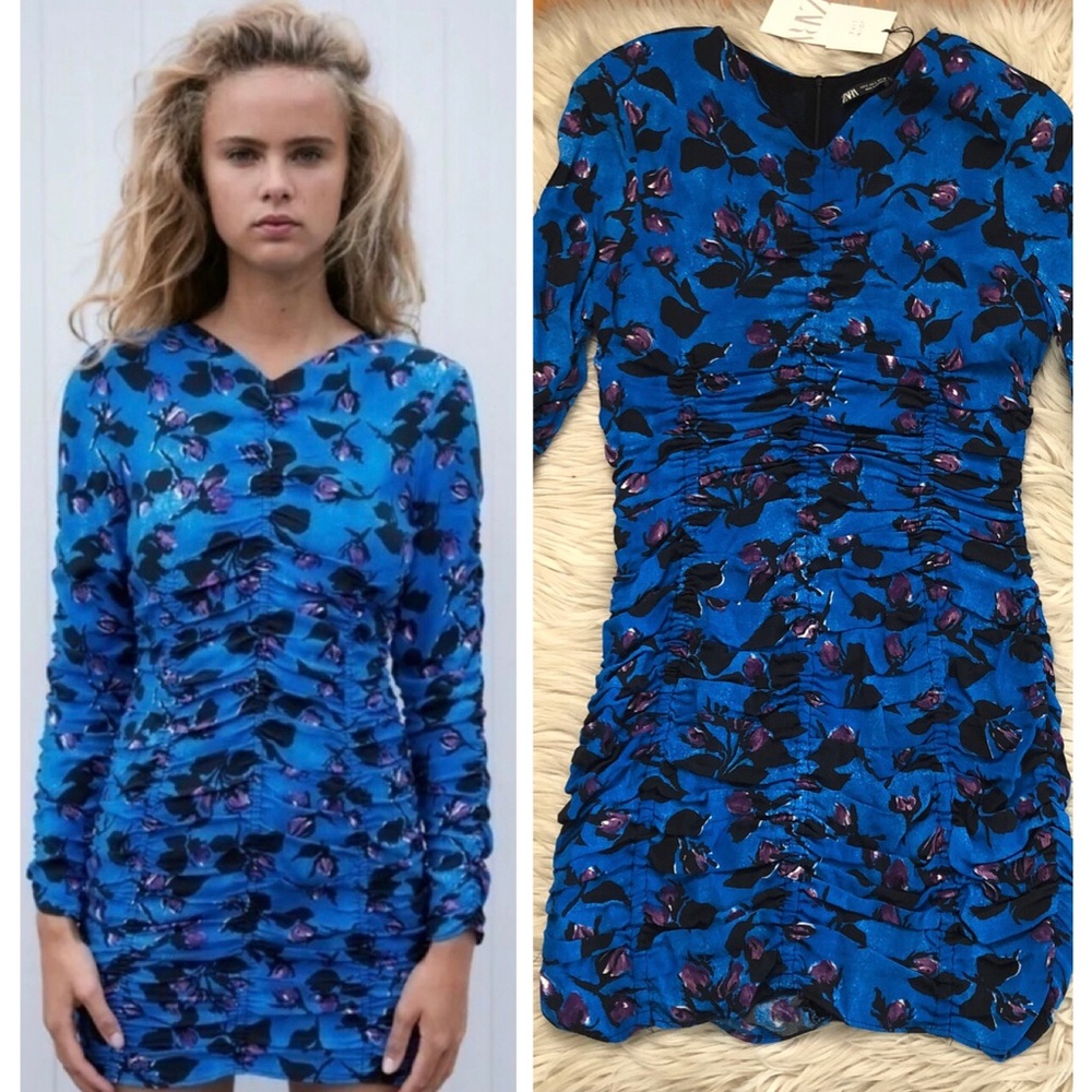 Zara Draped Ruched Floral Prints Bodycon Long Sleeves Cobalt Blue Mini Dress S